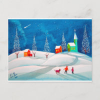 Shooting star folk naive art winter snow scene