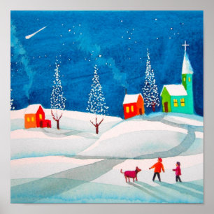 Shooting star folk naive art winter snow scene poster