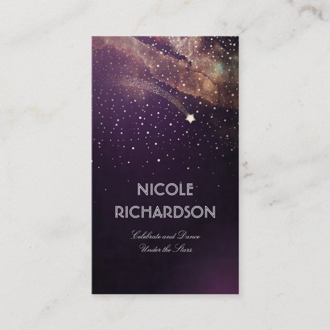 Shooting Star Starry Night Gold and Plum Modern Business Card (Front)