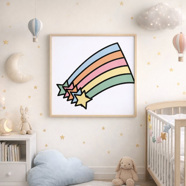 Shooting Stars and Rainbow Print (A poster featuring shooting stars and a rainbow in pastel colors.)
