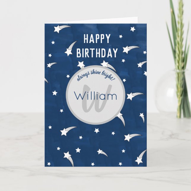 Shooting Stars Blue Watercolor Monogram Birthday Card (Front)