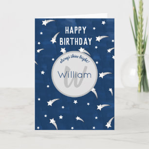 Shooting Stars Blue Watercolor Monogram Birthday Card