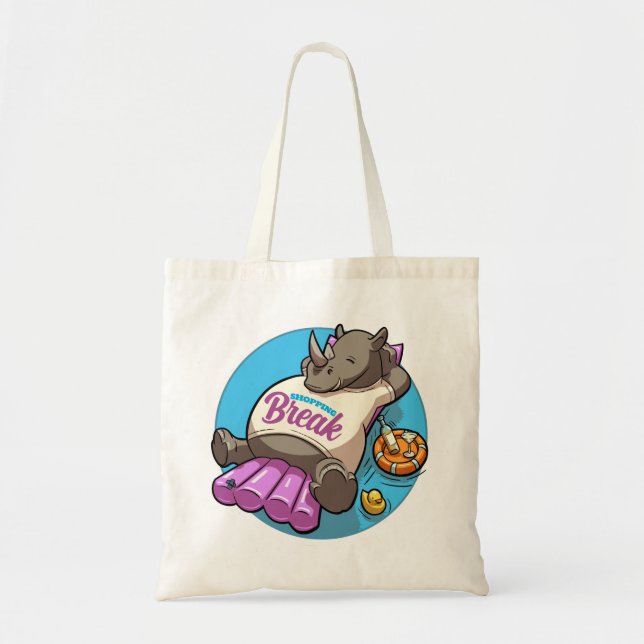 Shopping Break Funny Relaxed Rhino Pool Cartoon Tote Bag (Front)