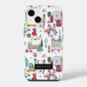Shopping City Girl Illustration Pattern iPhone 14 Case