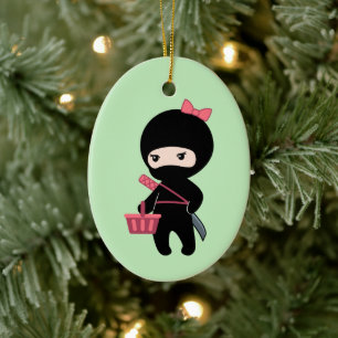 Shopping Ninja Girl on Green Ceramic Ornament