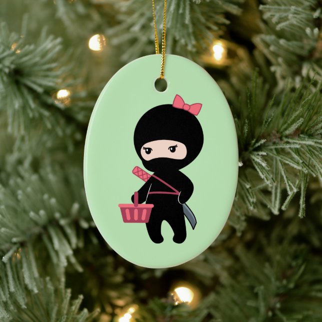 Shopping Ninja Girl on Green Ceramic Ornament (Tree)