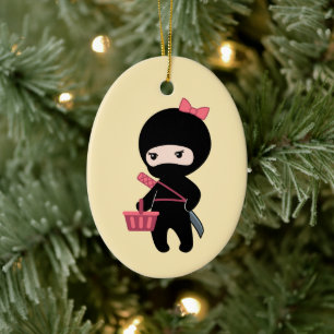 Shopping Ninja Girl on Yellow Ceramic Ornament