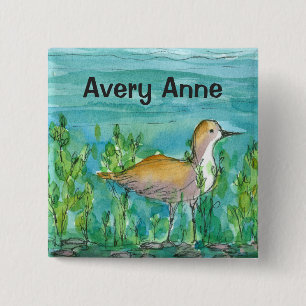 Shore Bird Lake Watercolor Custom Name 15 Cm Square Badge