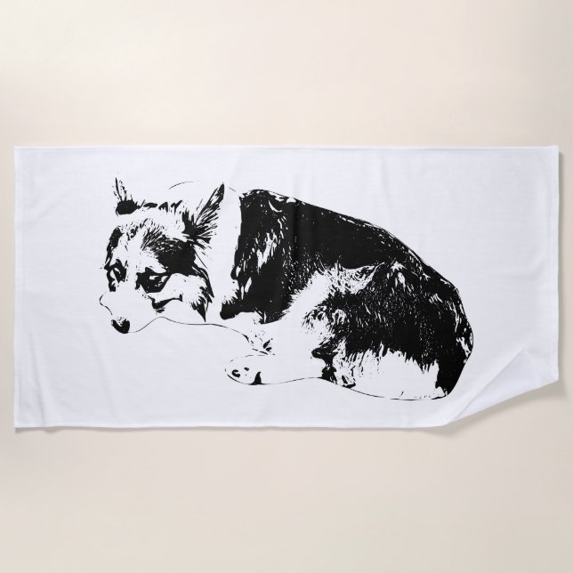 Shore Ink, Laidback Corgi Beach Towel (Front)