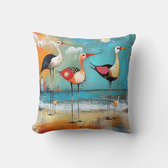 Shorebirds, whimsical illustration, cushion (Front)