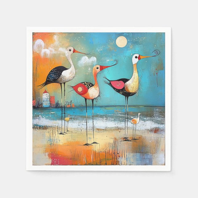 Shorebirds, whimsical illustration, napkin (Front)