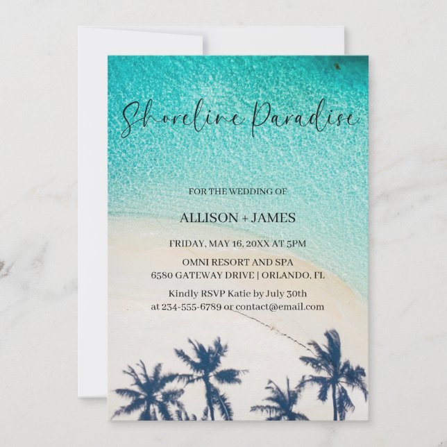 Shoreline Paradise summer blue ocean Beach Wedding Invitation (Front)