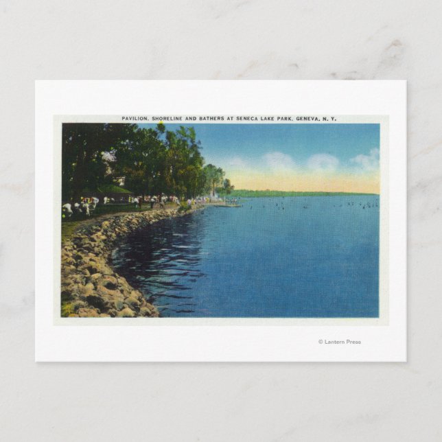 Shoreline, Pavilion, and Swimmers Postcard (Front)