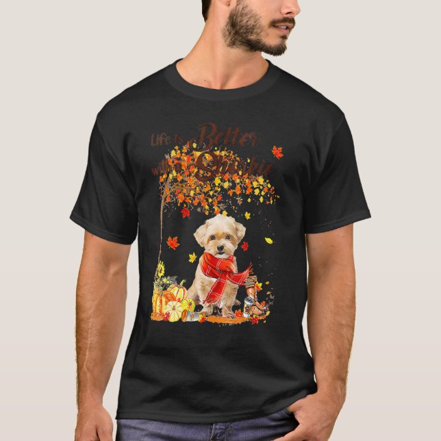 Shorkie Maple Tree Thanksgiving Day Cute Dog Fall T-Shirt (Front)