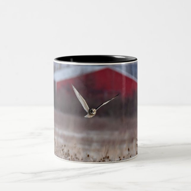 Short-Eared Owl with Red Barn Two-Tone Coffee Mug (Center)