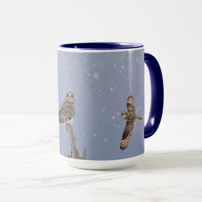 Short-eared owls on a snowy day mug (Front Right)