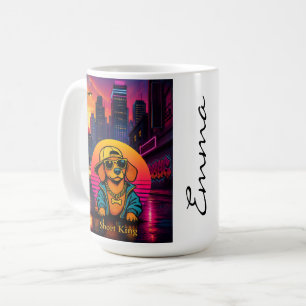 Short King Dachshund Retro 80s Mug, Custom Name Coffee Mug