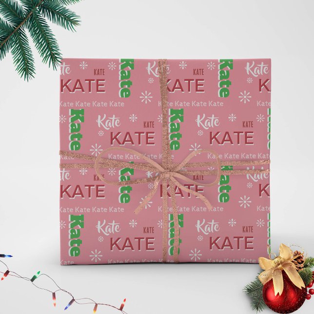 Short Name Typography Pink Christmas Personalised Wrapping Paper (name personalized wrapping paper christmas green white red pink custom typography design unique)