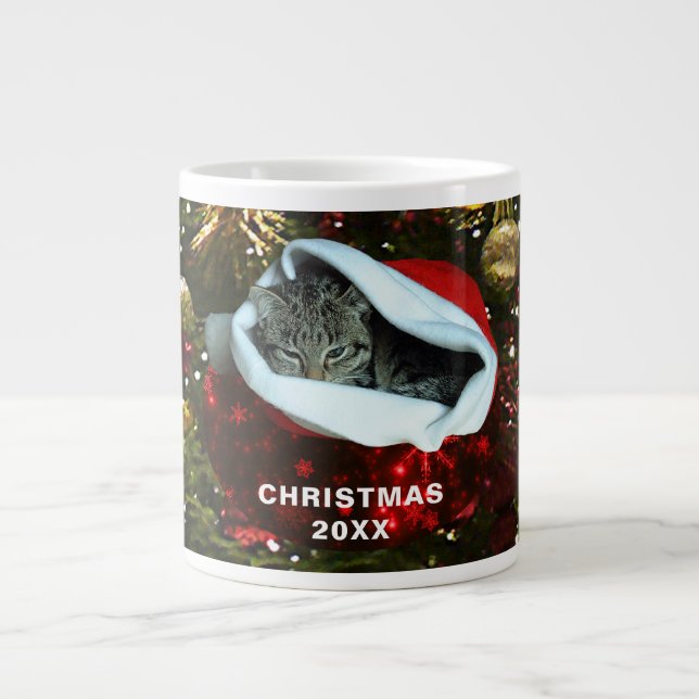 Shorthair Grey Cat Red Santa Hat Christmas 20XX Large Coffee Mug (Front)