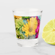 Shot Glasses - Yellow Green Blue Pink Daisies