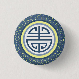Shou Chinese Longevity Symbol • Blue and Yellow 3 Cm Round Badge