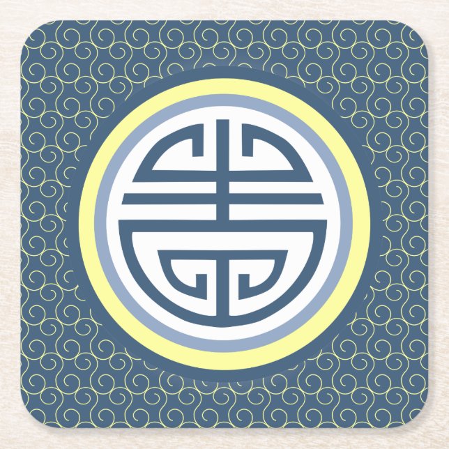 Shou Chinese Longevity Symbol - Blue and Yellow Square Paper Coaster (Front)