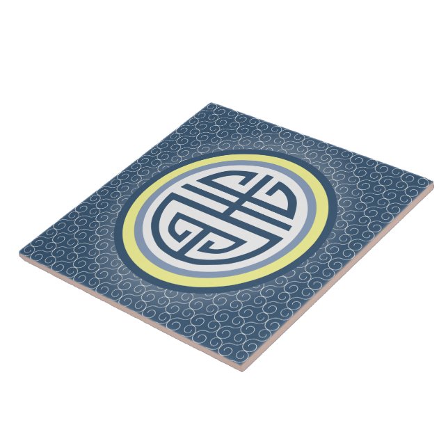Shou Chinese Longevity Symbol - Blue and Yellow Tile (Side)