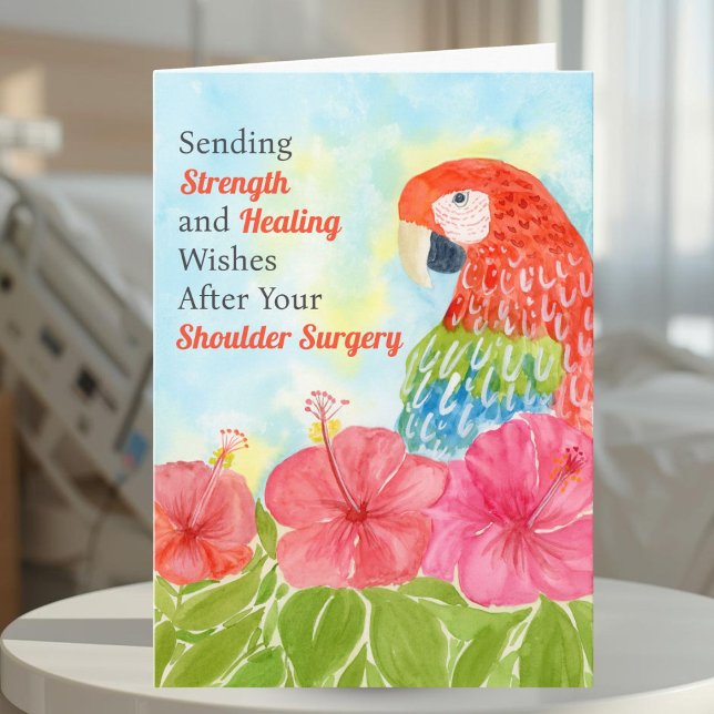 Shoulder Surgery Healing Scarlet Macaws, Hibiscus Card (Creator Uploaded)