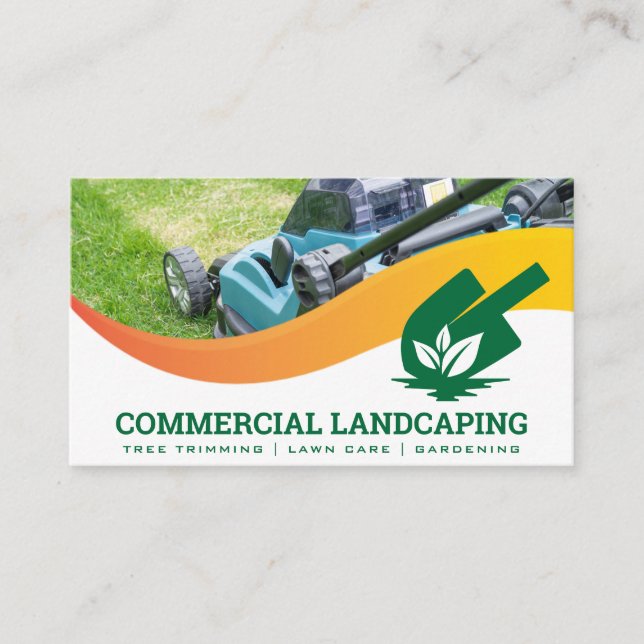 Shovel Leaf Logo | Lawnmower Cutting Grass Business Card (Front)
