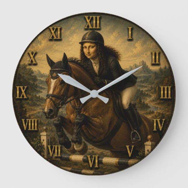 Show Jumping Funny Mona Lisa Horse Lover Gift Large Clock (Front)
