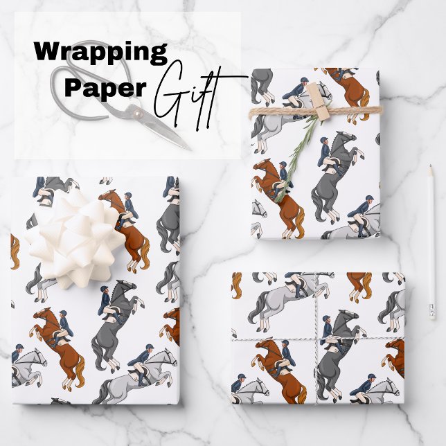 Show Jumping Horseback riding Wrapping Paper Sheet (exquisite sheets featuring three majestic horses performing show jumping in different colors)