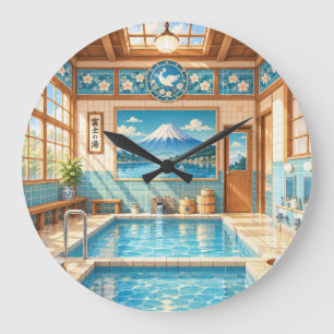 Showa Retro Bathhouse and Mt. Fuji Nostalgic Jap Large Clock