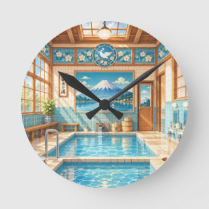 Showa Retro Bathhouse and Mt. Fuji Nostalgic Jap Round Clock