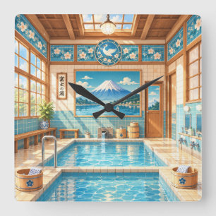 Showa Retro Bathhouse and Mt. Fuji Nostalgic Jap Square Wall Clock