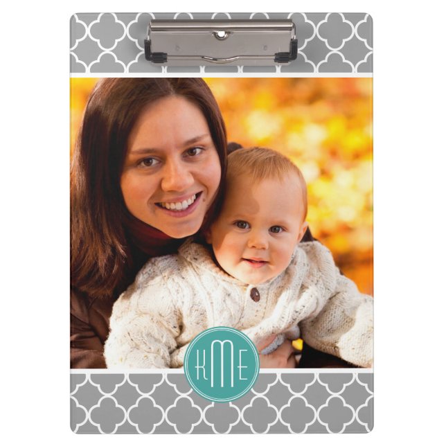 Showcase Your Photo Grey Quatrefoil Mint Monogram Clipboard (Front)