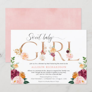 Shower by mail baby girl rose gold burgundy blush invitation