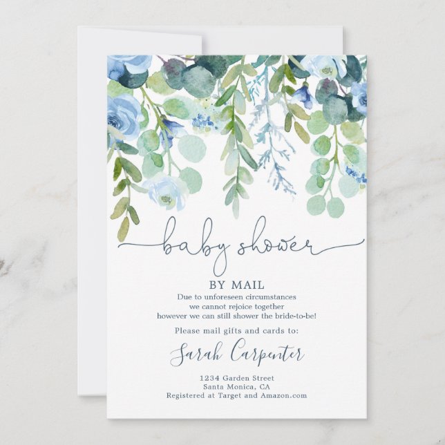 Shower by Mail blue floral Baby Shower Invitation (Front)