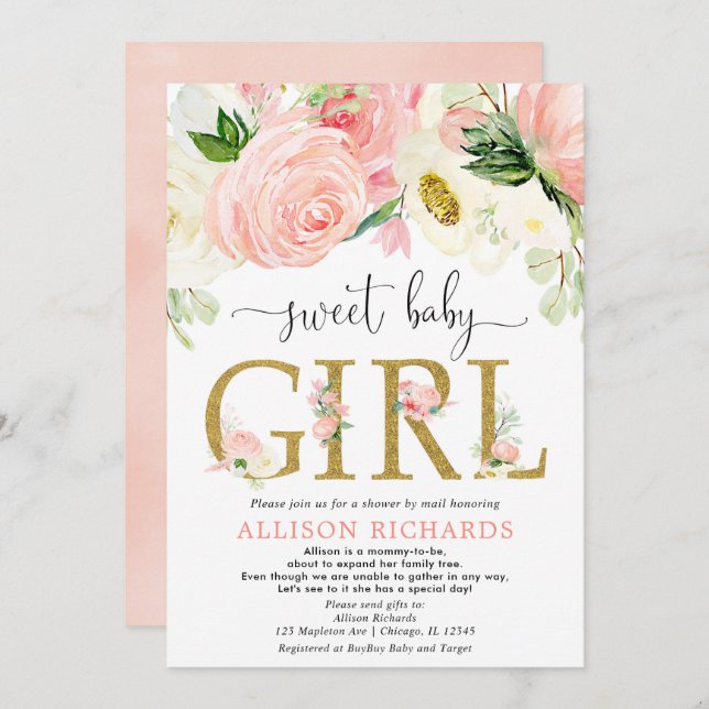 Shower by mail blush pink gold girl baby shower invitation (Front/Back)
