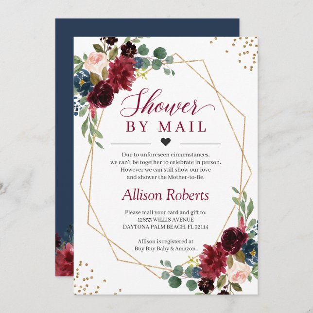 Shower By Mail Burgundy Navy Floral Gold Geometric Invitation (Front/Back)