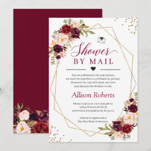 Shower By Mail Burgundy Red Floral Gold Geometric Invitation