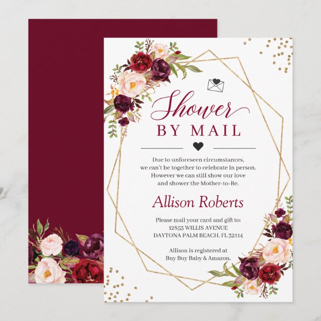 Shower By Mail Burgundy Red Floral Gold Geometric Invitation (Front/Back)