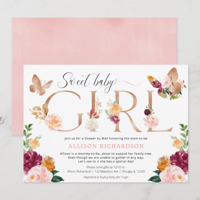 Shower by mail butterfly floral girl baby shower invitation (Front/Back)