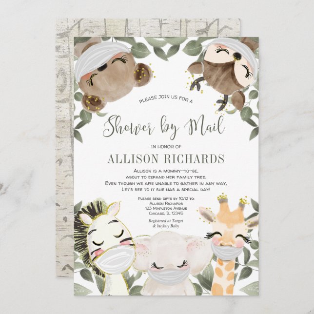 Shower by Mail cute animals with masks baby shower Invitation (Front/Back)