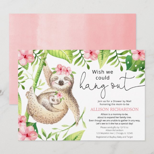 Shower by mail cute sloth pink green girl baby invitation (Front/Back)