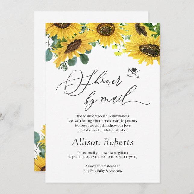 Shower By Mail Elegant Chic Sunflower Eucalyptus Invitation (Front/Back)