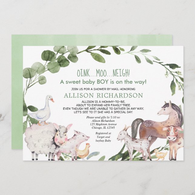 Shower by mail Farm Barnyard animals baby boy Invitation (Front/Back)