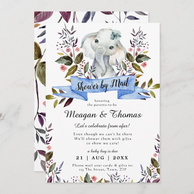 shower by mail from afar elephant blue baby shower invitation (Front/Back)
