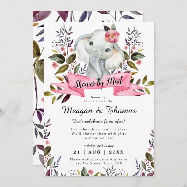 shower by mail from afar elephant pink baby shower invitation (Front/Back)