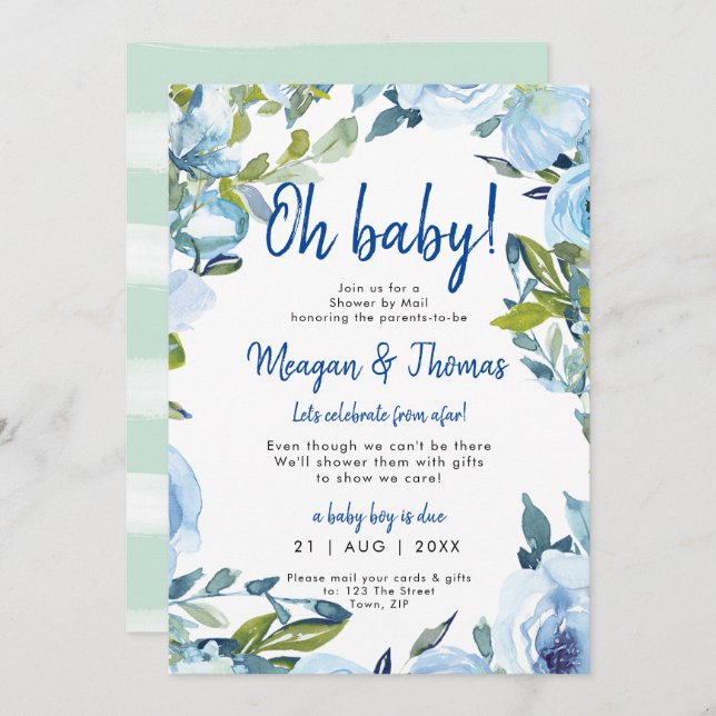 shower by mail from afar floral blue baby shower invitation (Front/Back)