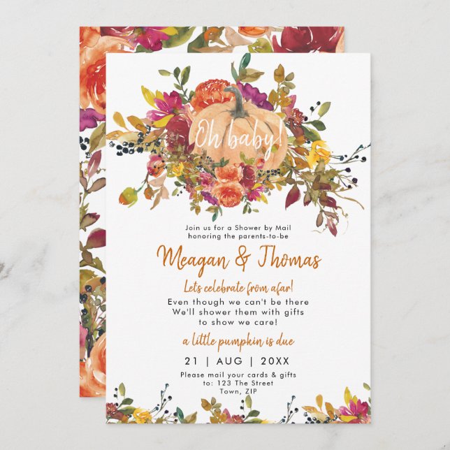shower by mail from afar pumpkin baby shower invitation (Front/Back)